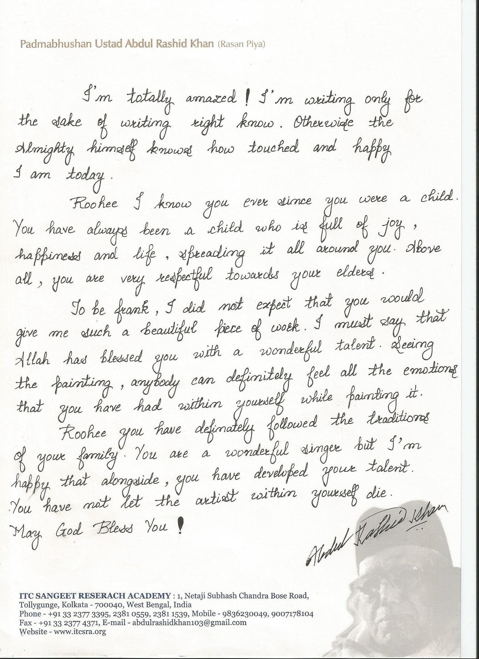 Appraisal from Ustad Abdul Rashid Khan