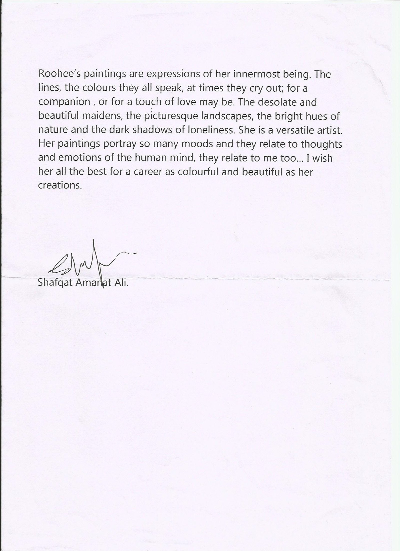 Appraisal from Shafqat Amanat Ali