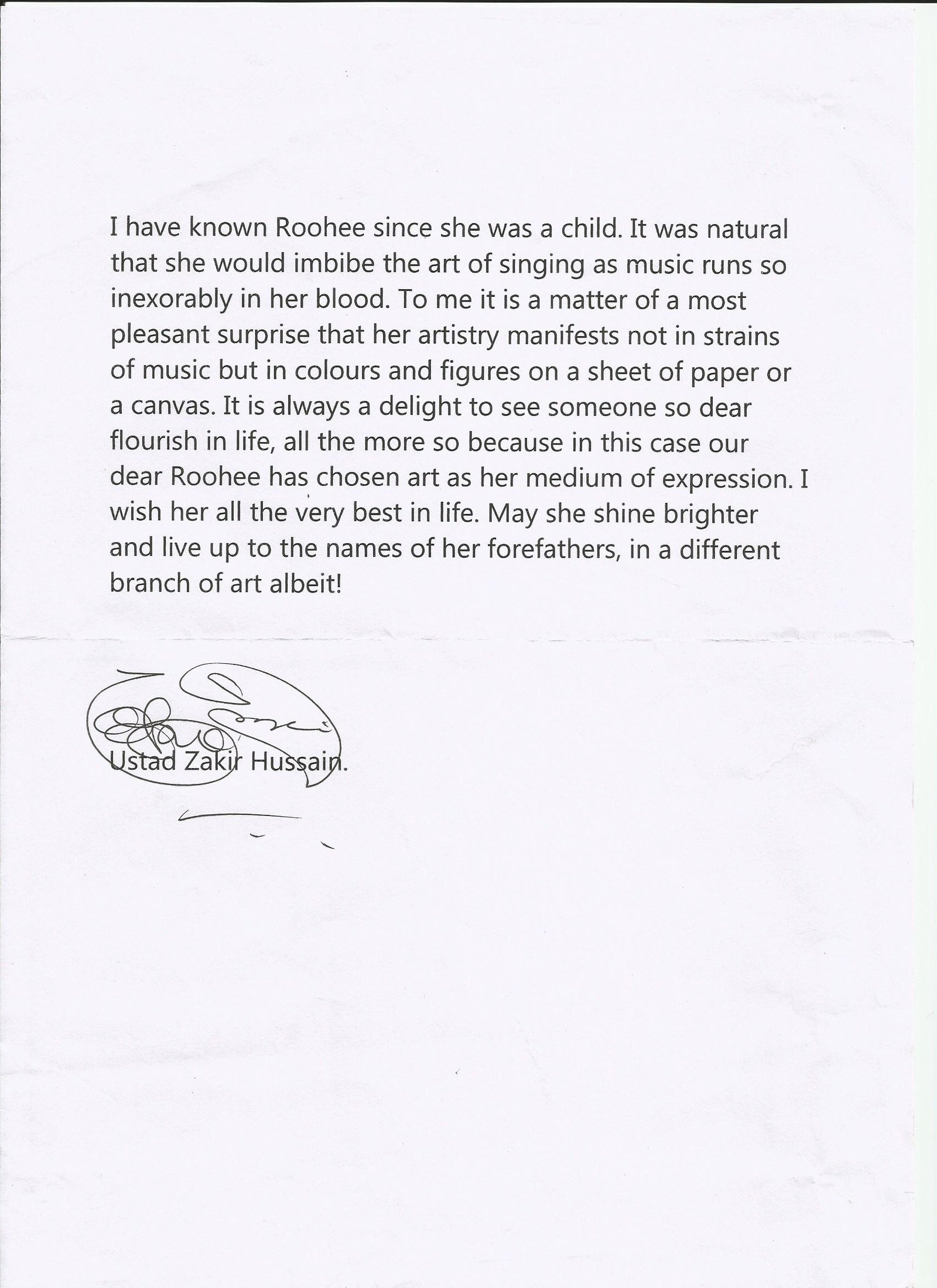 Appraisal from Ustad Zakir Hussain